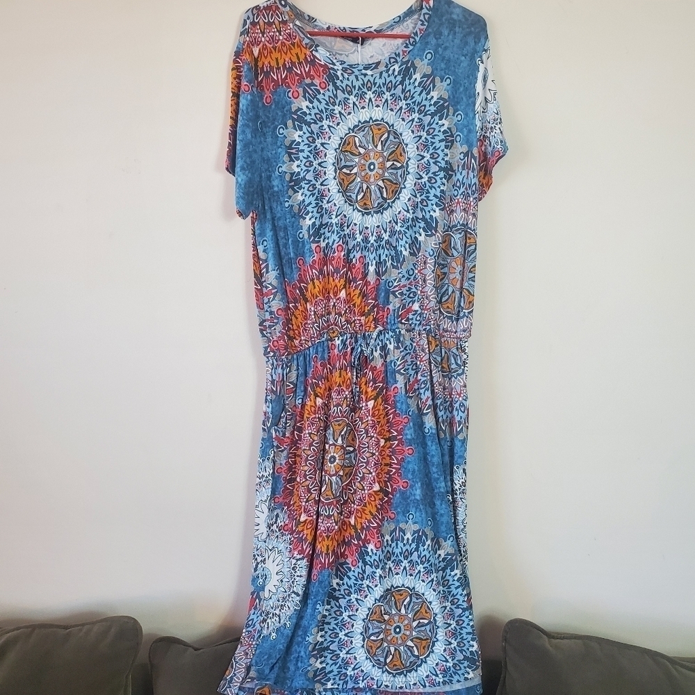 Simier Fariry Boho Women's Hide Belly Blouson Knee Length Dress with Pockets XL.